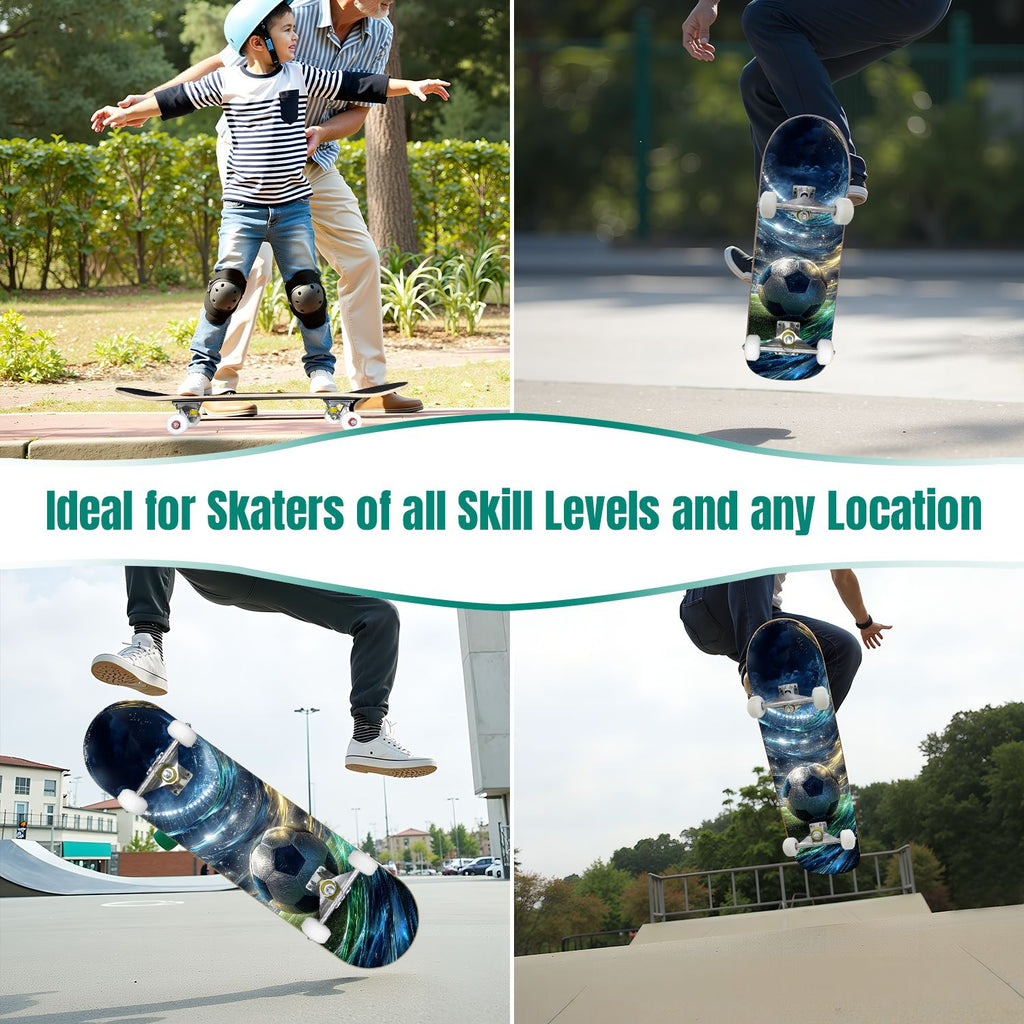31"x8" Complete Skateboards for Beginners,Abstract Soccer Ball Vibrant Paint Splashes Drips Double Kick 7 Ply Canadian Maple Deck Skateboard with Wheels, Sports Gifts for Kids Teens