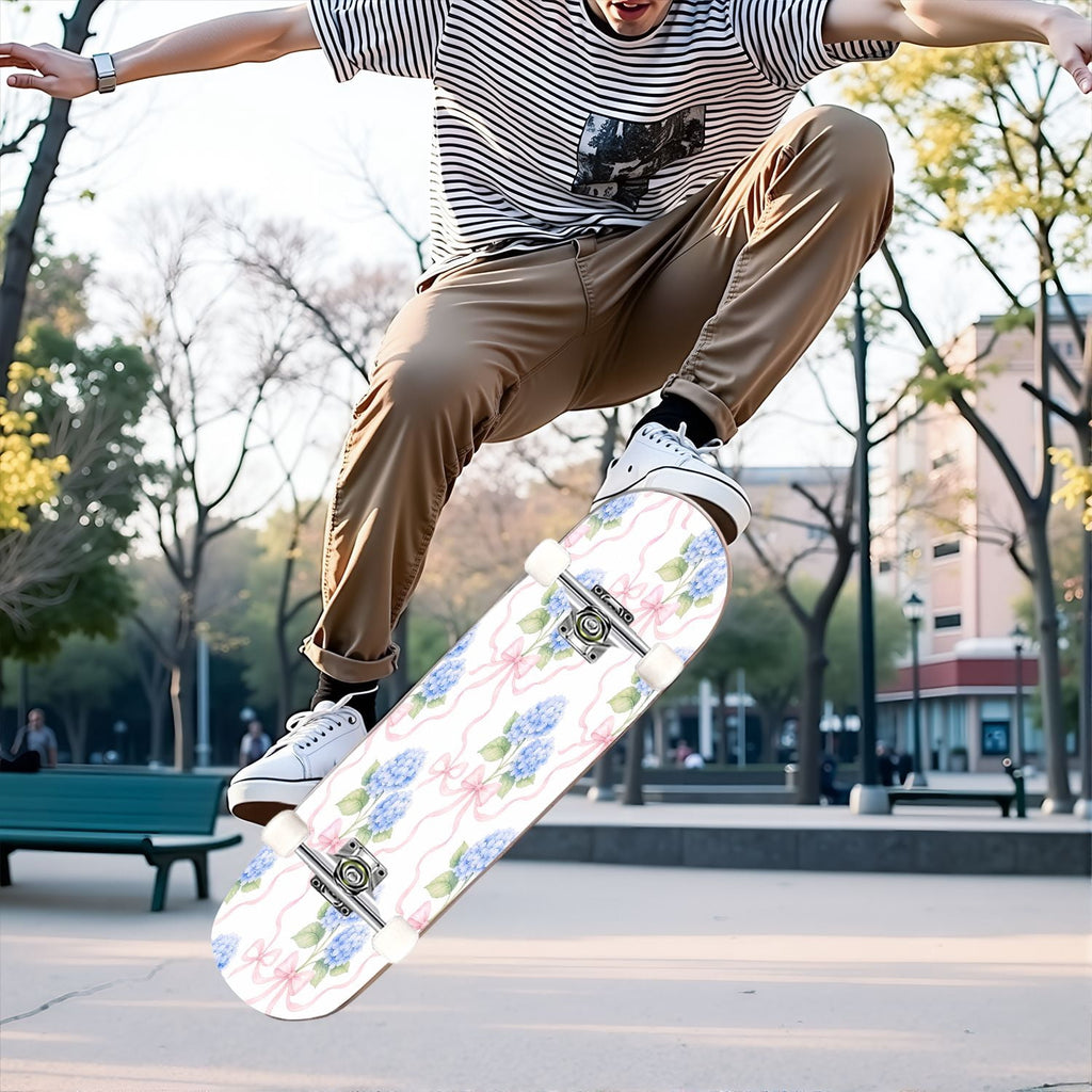 31"x8" Complete Skateboards for Beginners,Elegant White Blue Flowers Soft Petals Dreamy Artistic Double Kick 7 Ply Canadian Maple Deck Skateboard with Wheels, Gifts for Kids Teens