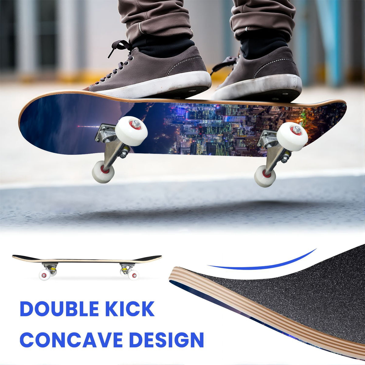 31"x8" Complete Skateboards for Beginners, Red White Vertical Striped Retro Circus Double Kick 7 Ply Canadian Maple Deck Skateboard with Wheels, Gifts for Kids Teens