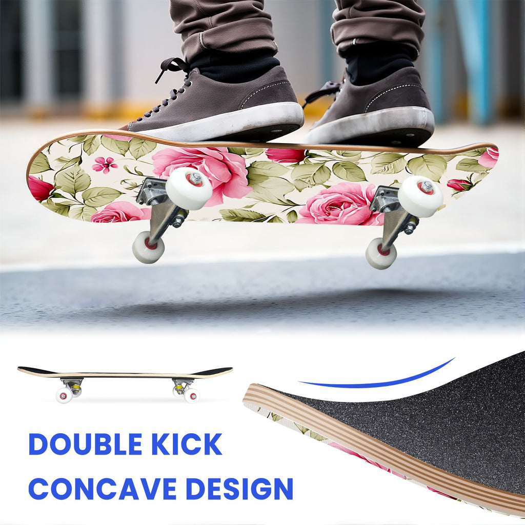 31"x8" Complete Skateboards for Beginners, Elegant Pink Red Roses Green Leaves Dark Double Kick 7 Ply Canadian Maple Deck Skateboard with Wheels, Gifts for Kids Teens