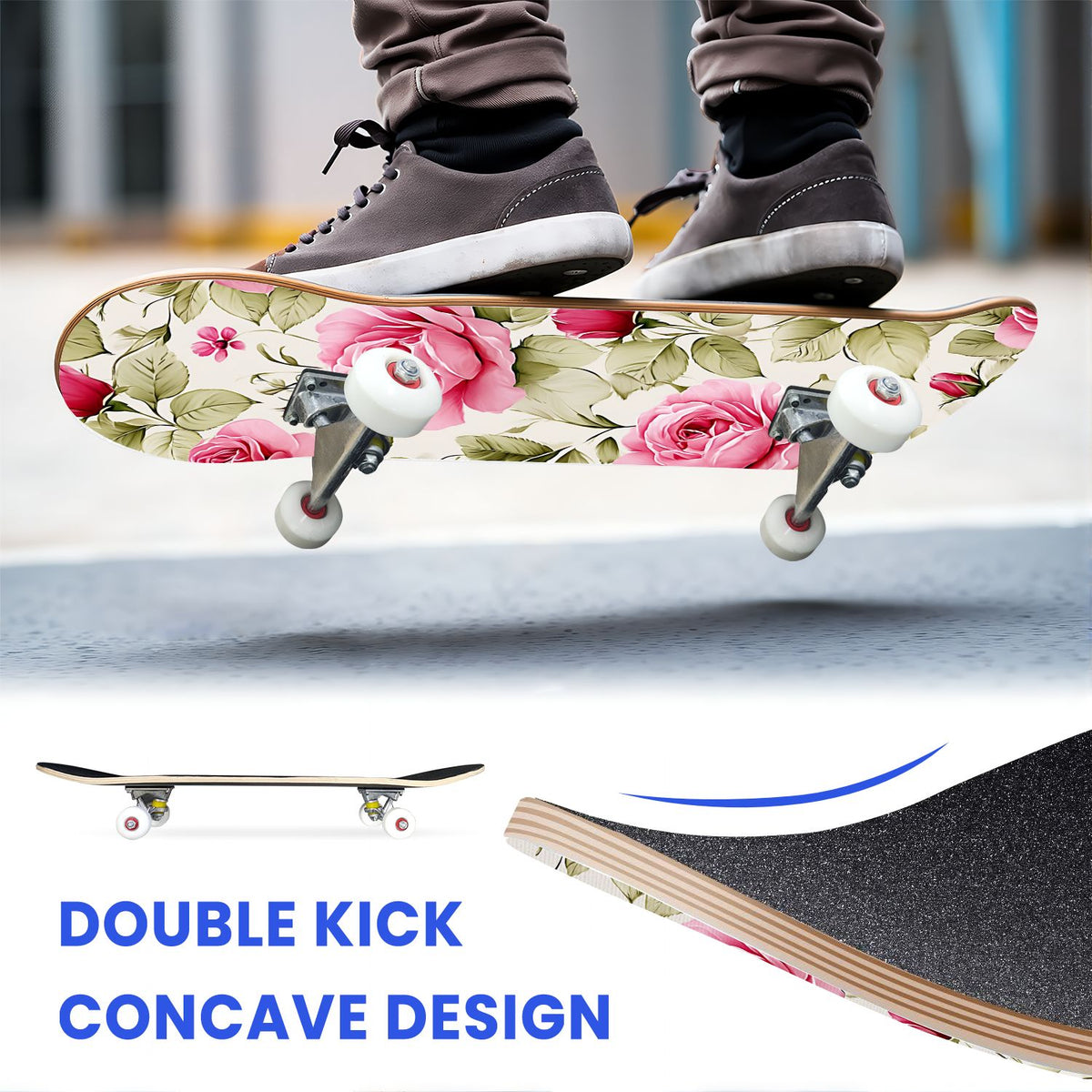 31"x8" Complete Skateboards for Beginners, Elegant Pink Red Roses Green Leaves Dark Double Kick 7 Ply Canadian Maple Deck Skateboard with Wheels, Gifts for Kids Teens