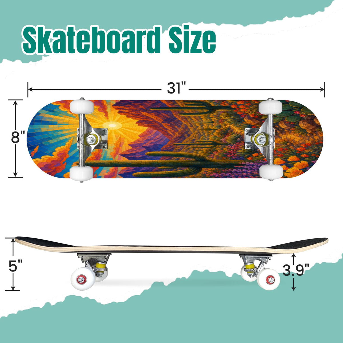 3D Nude Visual Effect Yellowish Brown Layered Chrysanthemum 31" x 8" Complete Skateboard, 7-Ply Canadian Maple Double Kick Trick Board for Kids and Beginners Adult Gifts