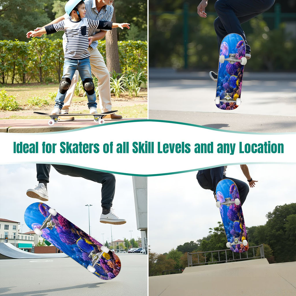 31"x8" Complete Skateboards for Beginners, Colorful Cosmic Octopus Tentacles Starry Marine Life Double Kick 7 Ply Canadian Maple Deck Skateboard with Wheels, Gifts for Kids Teens
