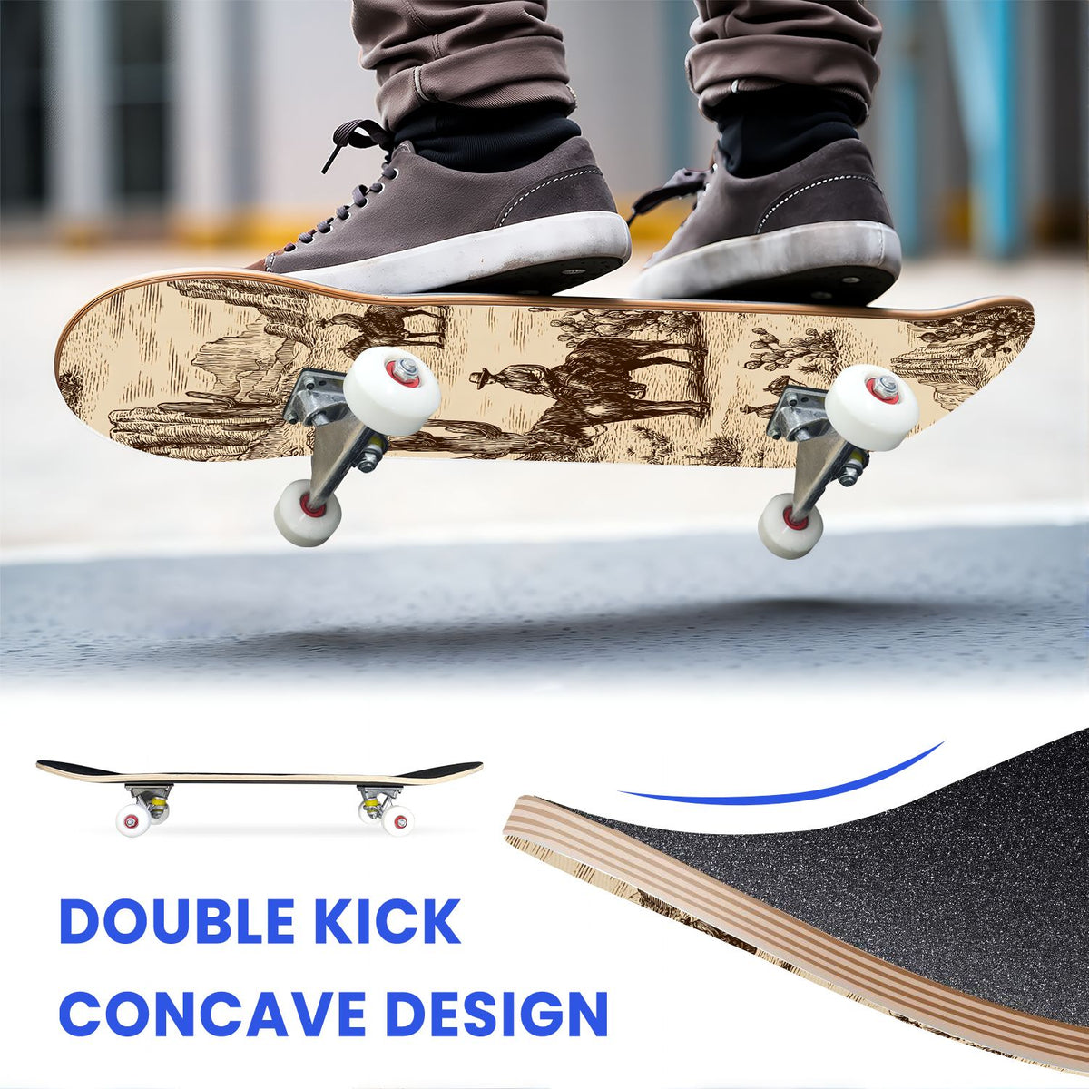 31"x8" Complete Skateboards for Beginners, Turquoise Flowers Teal Daisy Flower Butterfly Blue Romantic Double Kick 7 Ply Canadian Maple Deck Skateboard with Wheels, Gifts for Kids Teens