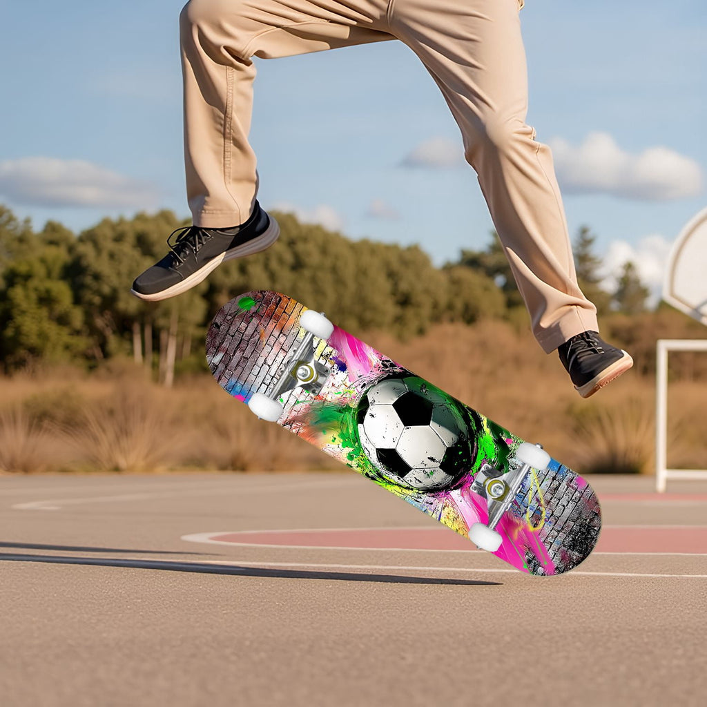 Dynamic Soccer Ball Explosion Energy Effects Stadium 31" x 8" Complete Skateboard, 7-Ply Canadian Maple Double Kick Trick Board for Kids and Beginners Adult Gifts