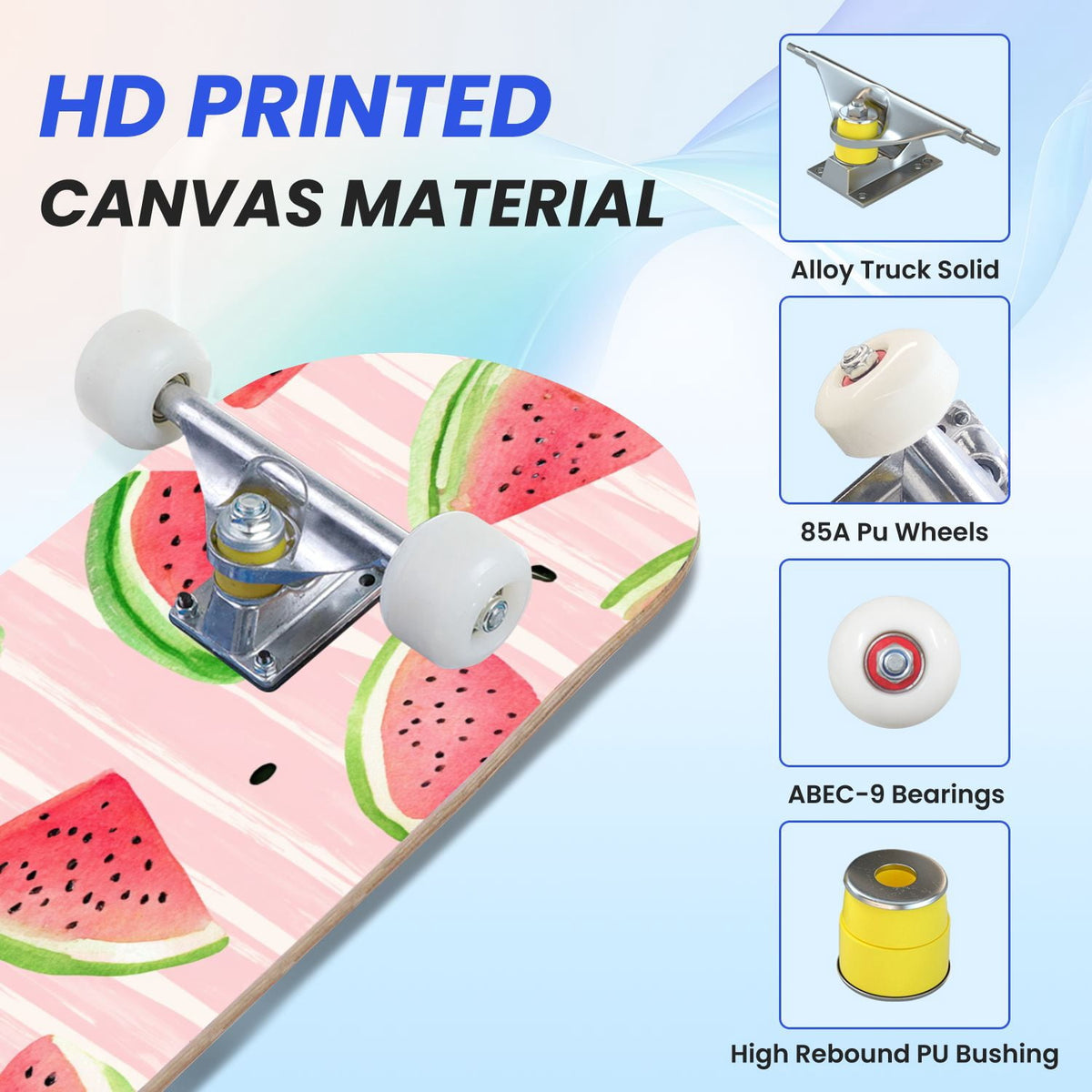 31"x8" Complete Skateboards for Beginners,Watercolor Watermelon Slices Pink Striped Double Kick 7 Ply Canadian Maple Deck Skateboard with Wheels, Gifts for Kids Teens