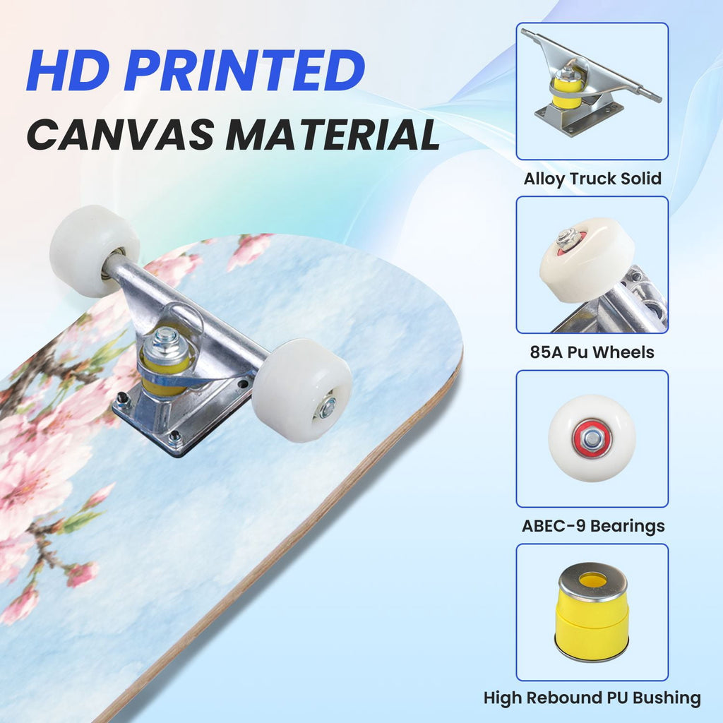 31"x8" Pink cherry blossoms Complete Skateboard for Beginners Tokyo branch flower 7 Layer Maple Deck Double Kick Kids Skateboard with 85A PU Wheels Gifts for Kids Teens