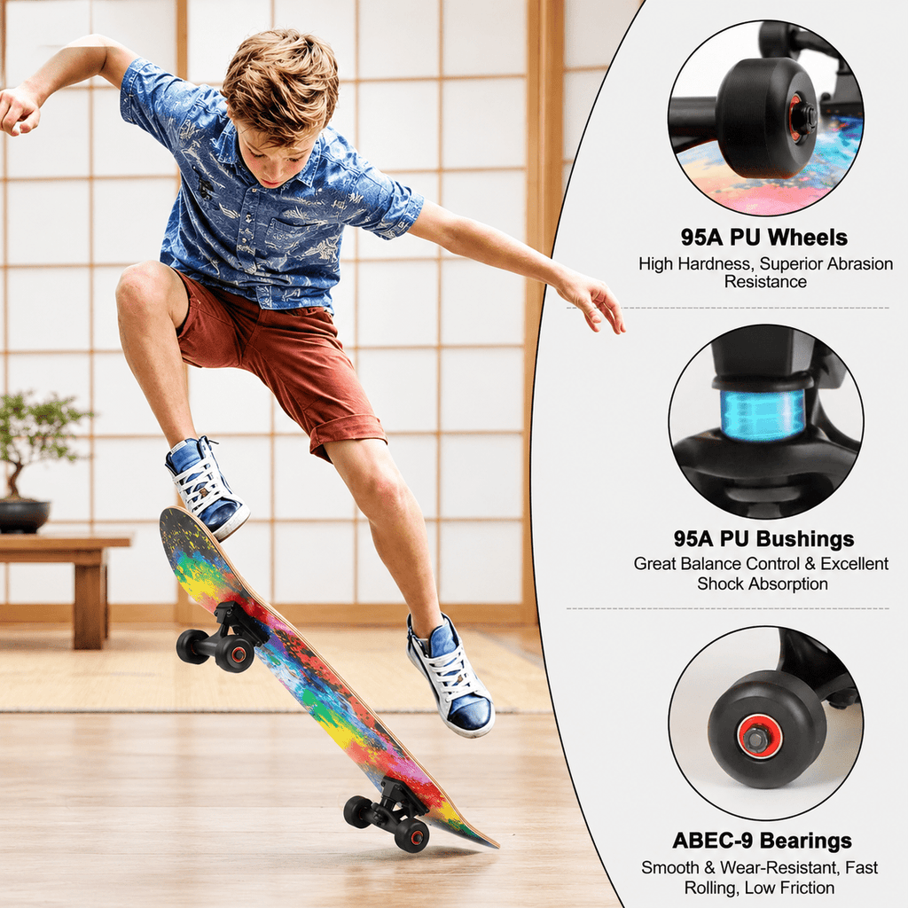 Checkerbot 31"x8" Standard Complete Skateboard with 7 Layer Canadian Maple for Beginners Adults Teens