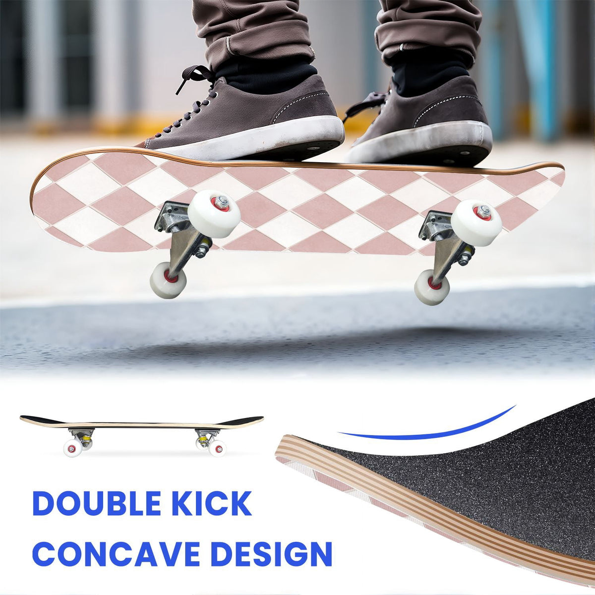 31"x8" Complete Skateboards for Beginners,Colorful Geometric Tile Multicolored Squares Double Kick 7 Ply Canadian Maple Deck Skateboard with Wheels, Gifts for Kids Teens