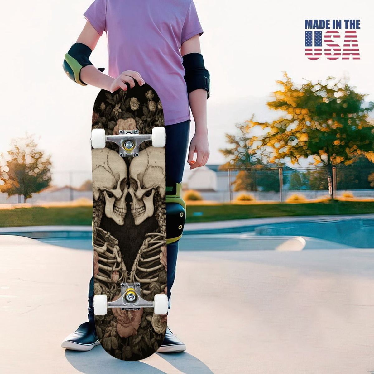 31"x8" Complete Skateboards for Beginners, Romantic Skeletons Blooming Roses Dark Academia Double Kick 7 Ply Canadian Maple Deck Skateboard with Wheels, Gifts for Kids Teens