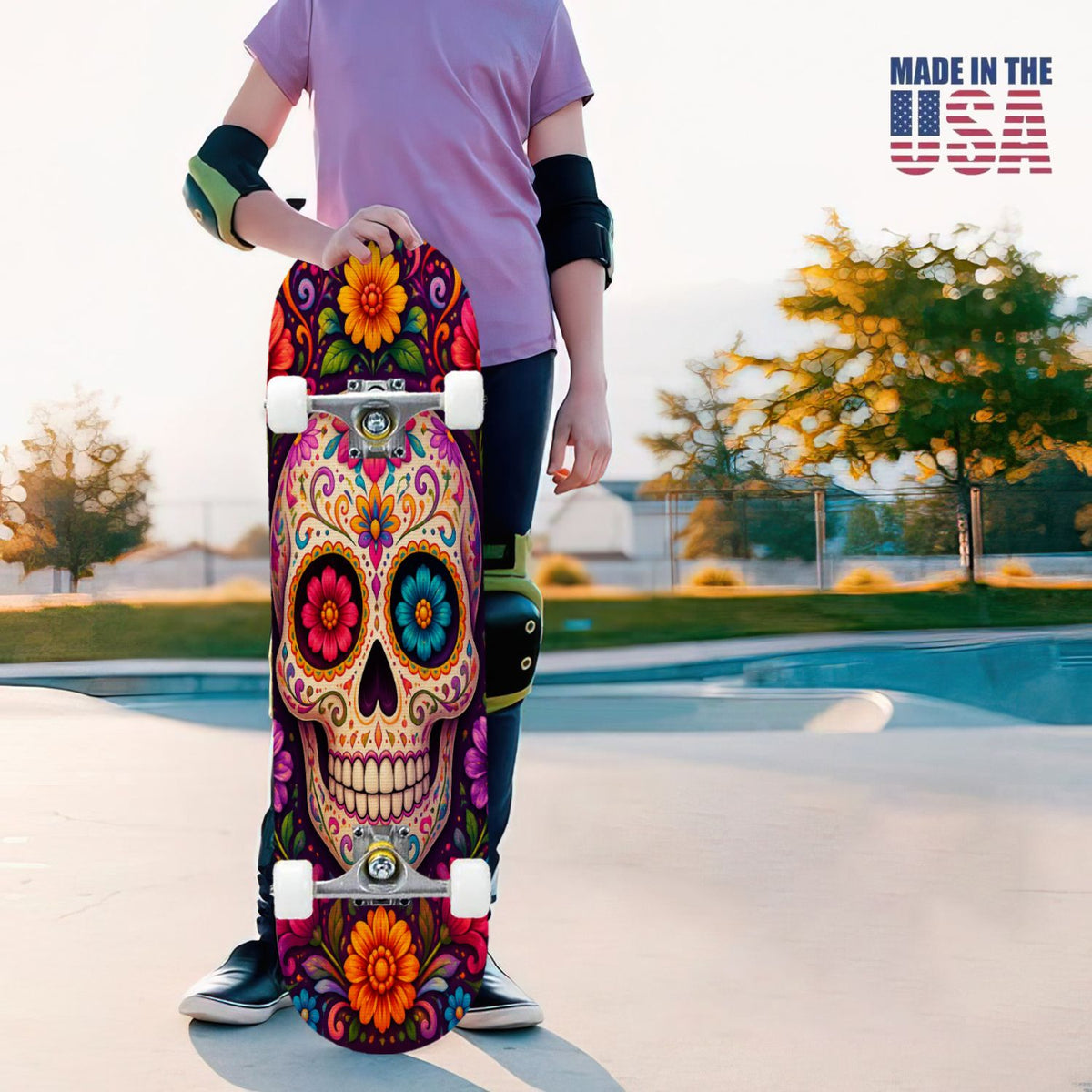 31"x8" Complete Skateboards for Beginners, Colorful Sugar Skull Vibrant Floral Day of the Dead Double Kick 7 Ply Canadian Maple Deck Skateboard with Wheels, Gifts for Kids Teens