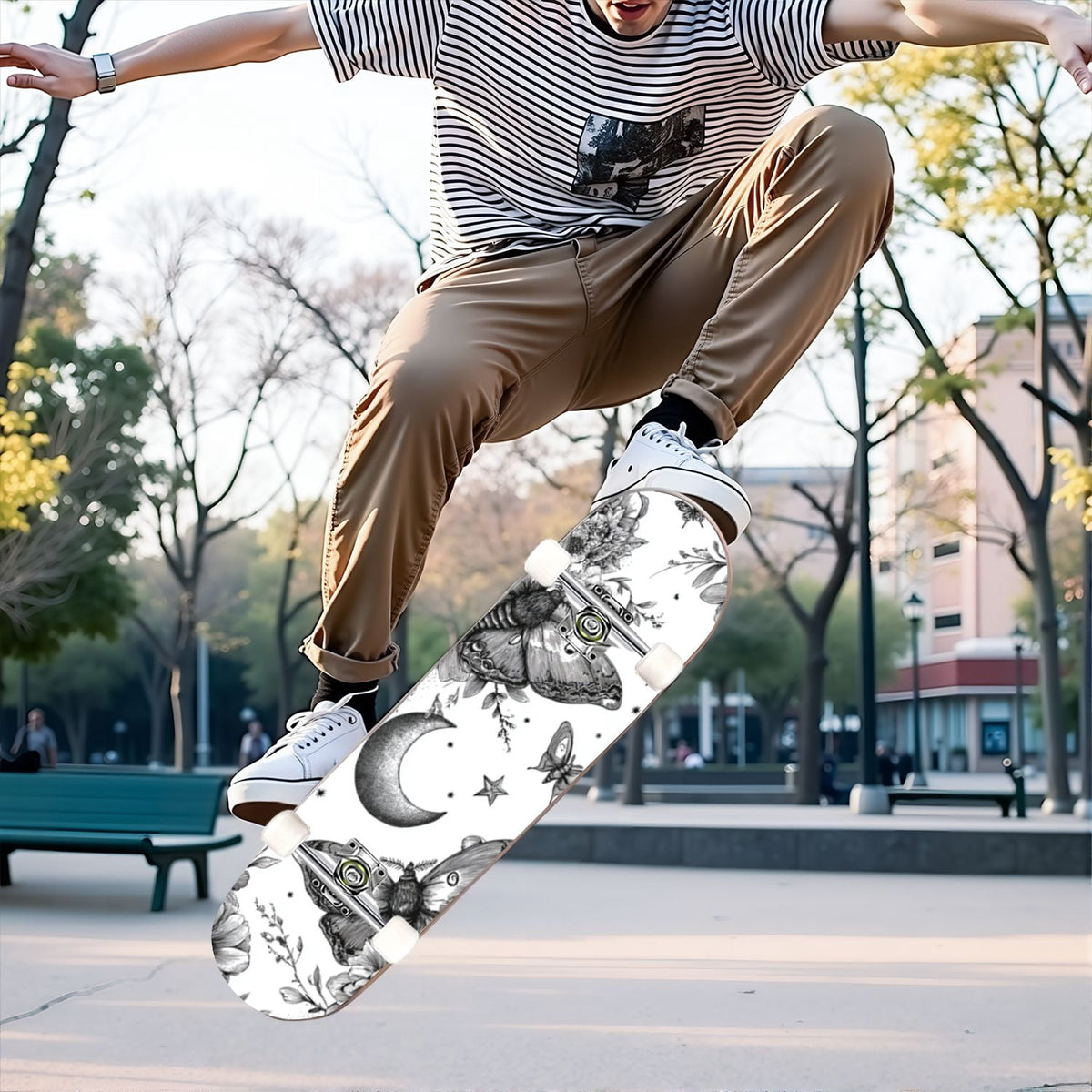 31"x8" Complete Skateboards for Beginners,Whimsical Moths Flowers Pastel Colors Stars Moon Mystical Double Kick 7 Ply Canadian Maple Deck Skateboard with Wheels, Gifts for Kids Teens
