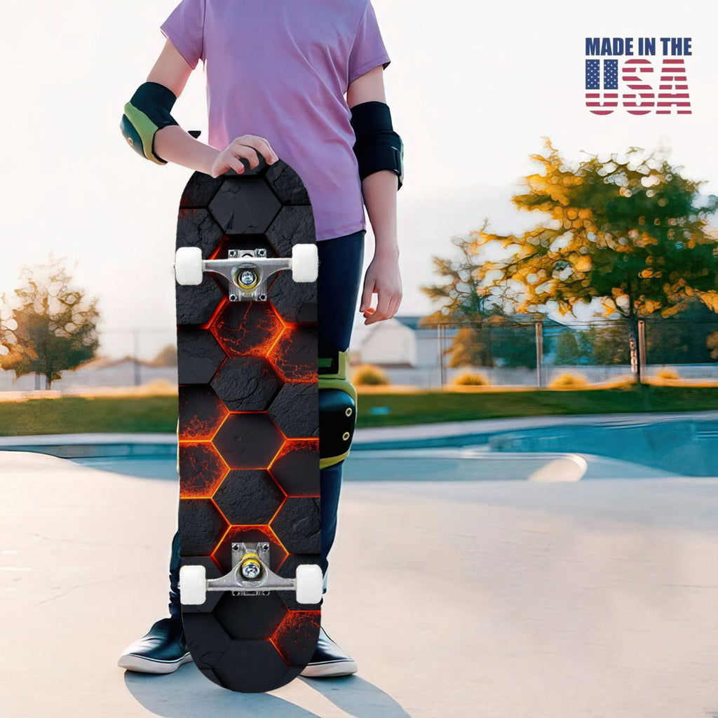 31"x8" Complete Skateboards for Beginners,Black Hexagon Honeycomb Glowing Blue Accents Double Kick 7 Ply Canadian Maple Deck Skateboard with Wheels, Gifts for Kids Teens