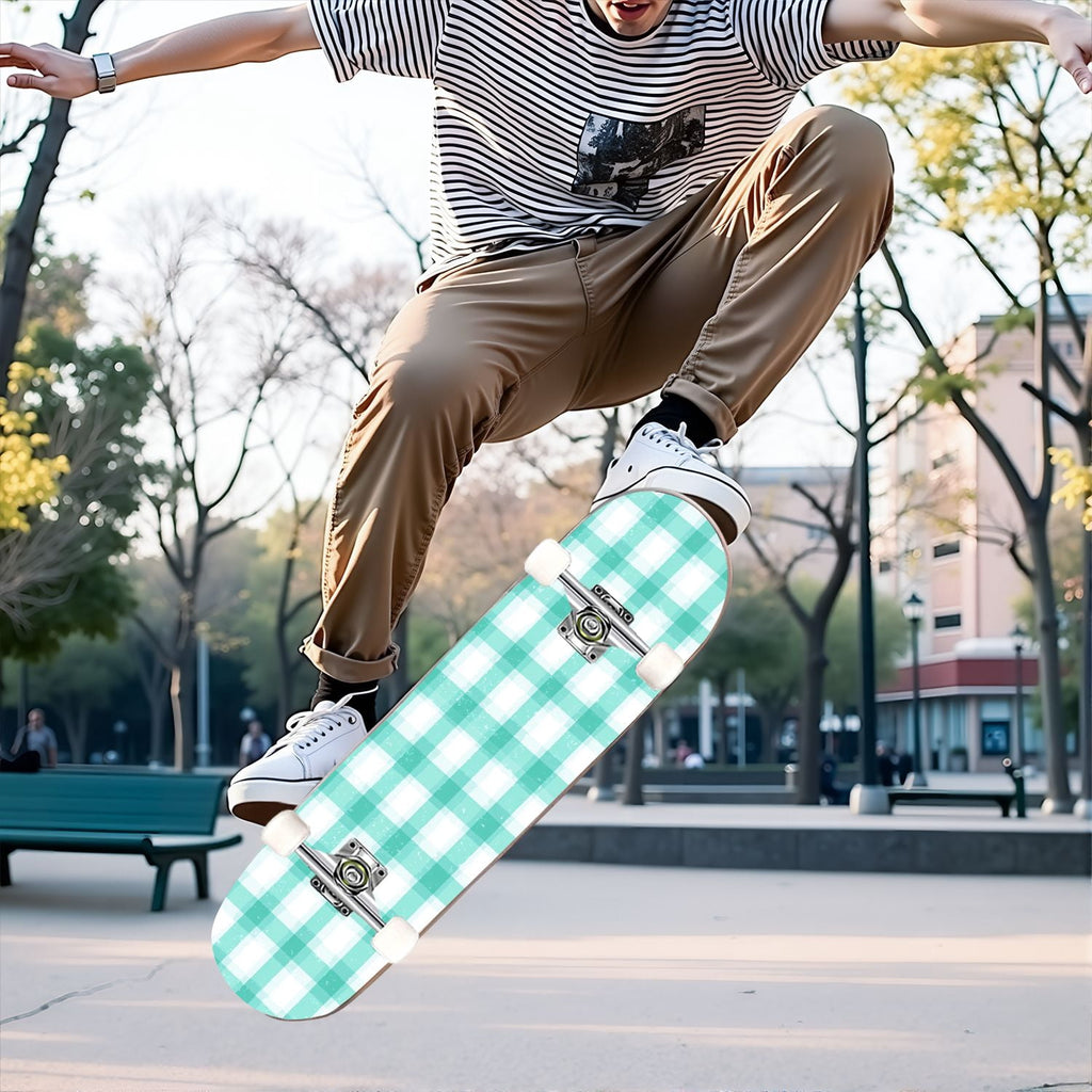 31"x8" Complete Skateboards for Beginners,Mint Green White Plaid Tartan Subtle Double Kick 7 Ply Canadian Maple Deck Skateboard with Wheels, Gifts for Kids Teens