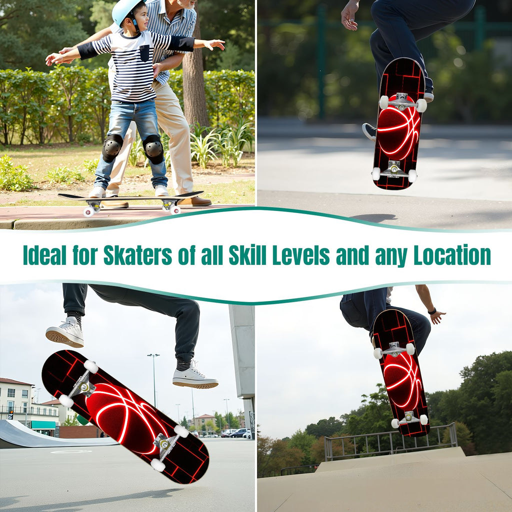 31"x8" Complete Skateboards for Beginners, Honeycomb Futuristic Hexagonal Neon Glowing Orange Light Double Kick 7 Ply Canadian Maple Deck Skateboard with Wheels, Gifts for Kids Teens