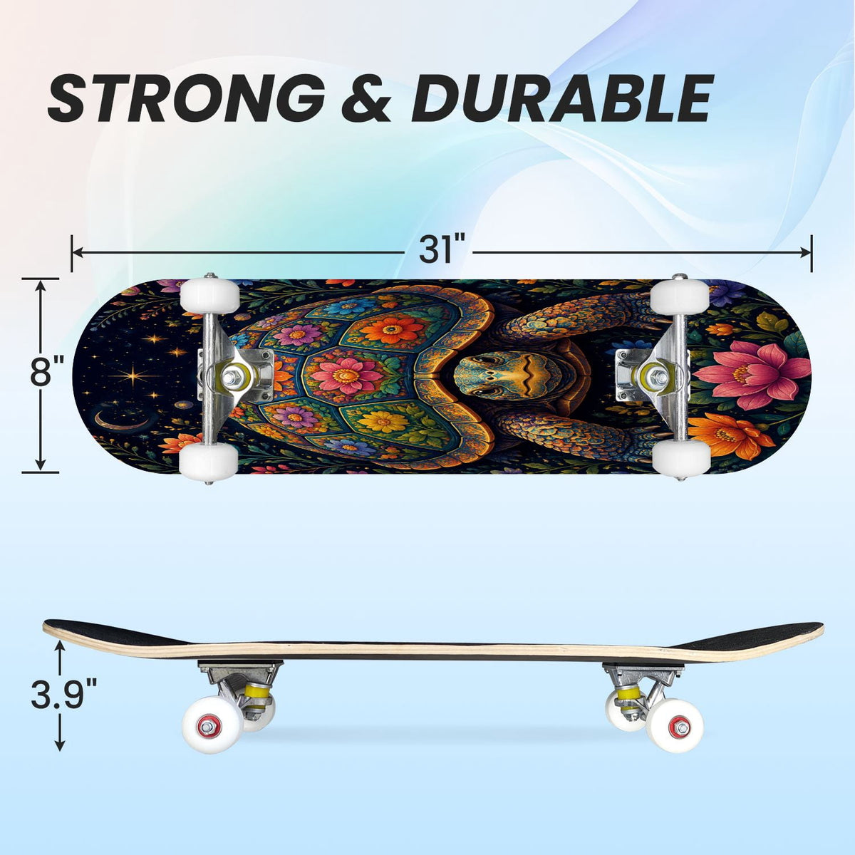 31"x8" Complete Skateboards for Beginners, Colorful Turtle Floral Shell Starry Night Marine Life Double Kick 7 Ply Canadian Maple Deck Skateboard with Wheels, Gifts for Kids Teens