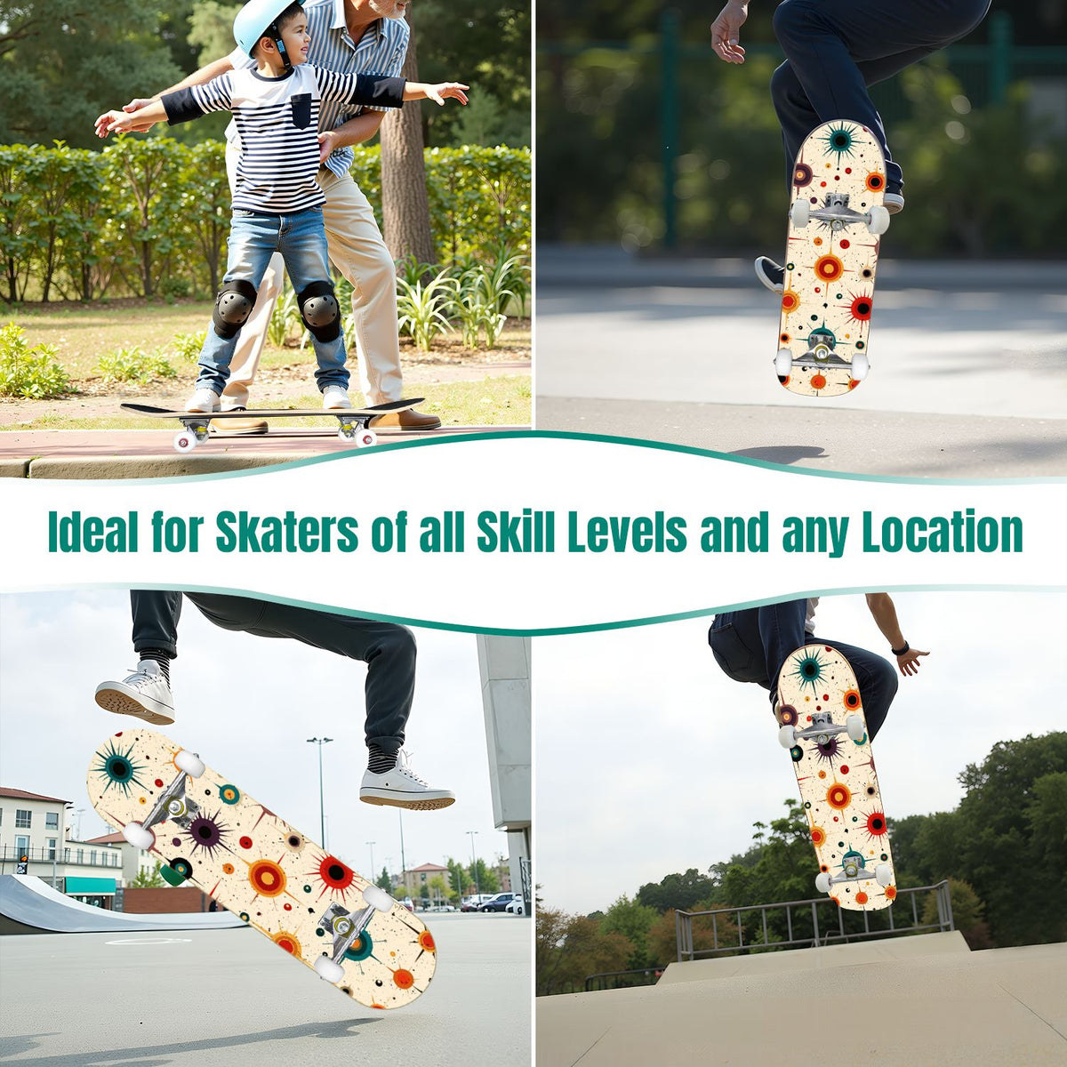 31"x8" Complete Skateboards for Beginners, Vibrant Stained Glass Window Butterflies Flowers Double Kick 7 Ply Canadian Maple Deck Skateboard with Wheels, Gifts for Kids Teens