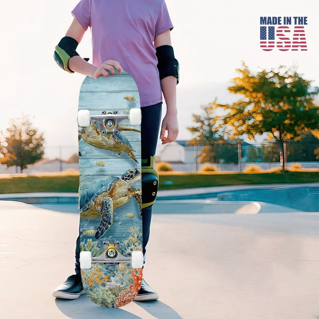 31"x8" Complete Skateboards for Beginners, Turquoise Flowers Teal Daisy Flower Butterfly Blue Romantic Double Kick 7 Ply Canadian Maple Deck Skateboard with Wheels, Gifts for Kids Teens