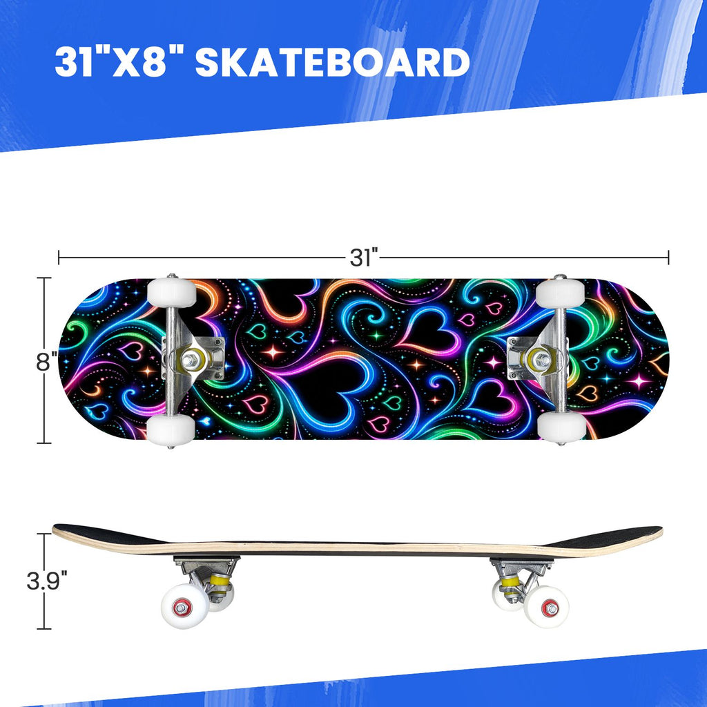 Complete Skateboard Colorful Heart Swirls 31 Inch 7-Ply Maple Skateboard with PU Wheels and Aluminum Trucks, Ready-to-Ride Skateboard for Beginners, Teens and Adults