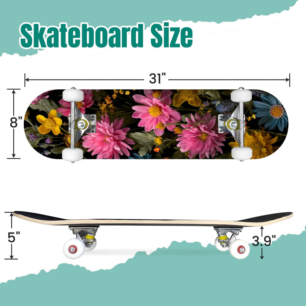 Dark Floral Wildflower Pink Yellow Blue Blooms 31" x 8" Complete Skateboard, 7-Ply Canadian Maple Double Kick Trick Board for Kids and Beginners Adult Gifts
