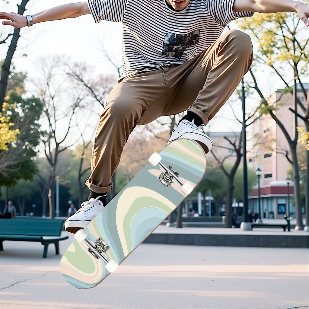 31"x8" Complete Skateboards for Beginners, Abstract Pastel Swirl Soft Earthy Tones Double Kick 7 Ply Canadian Maple Deck Skateboard with Wheels, Gifts for Kids Teens