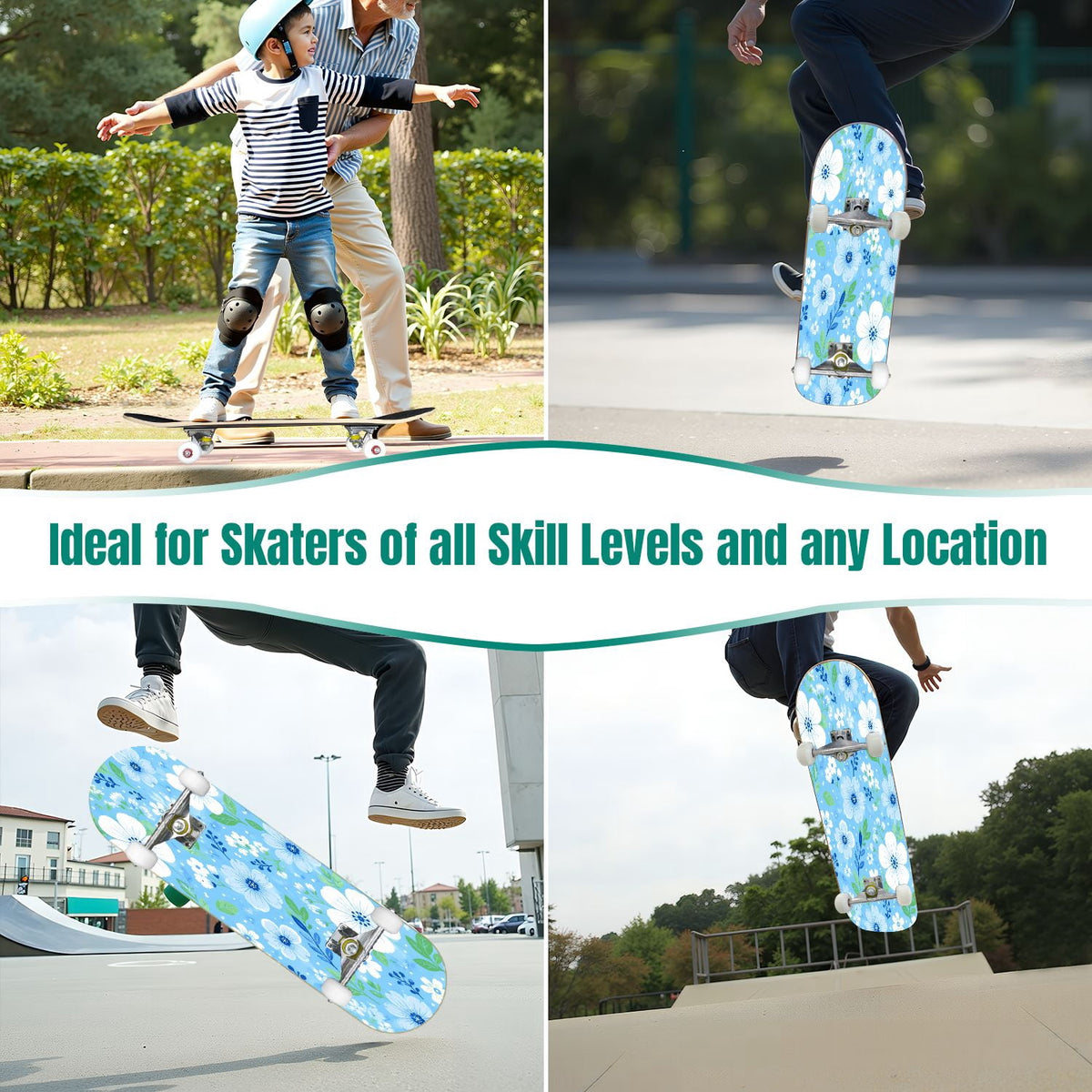 31"x8" Complete Skateboards for Beginners,Elegant White Blue Flowers Soft Petals Dreamy Artistic Double Kick 7 Ply Canadian Maple Deck Skateboard with Wheels, Gifts for Kids Teens