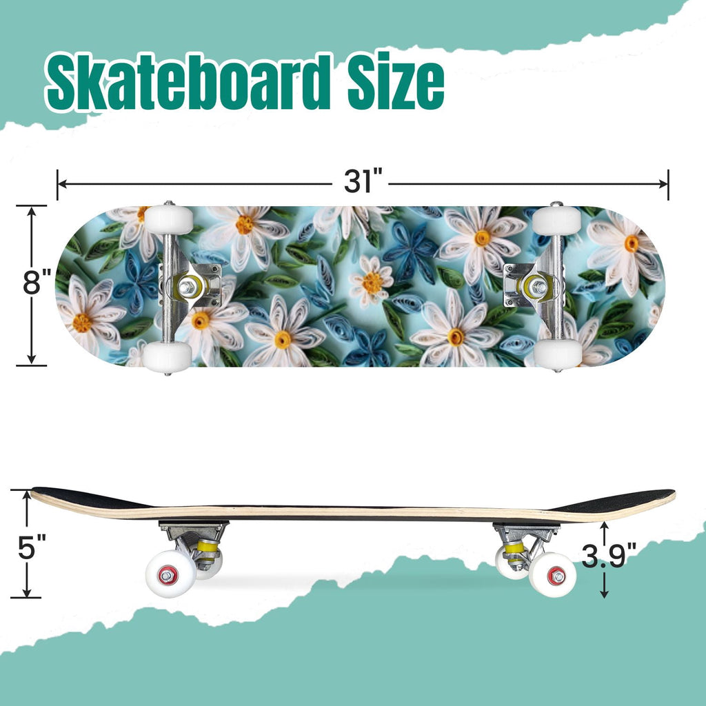 Moss Purple Flowers Rocky Ground 31" x 8" Complete Skateboard, 7-Ply Canadian Maple Double Kick Trick Board for Kids and Beginners Adult Gifts