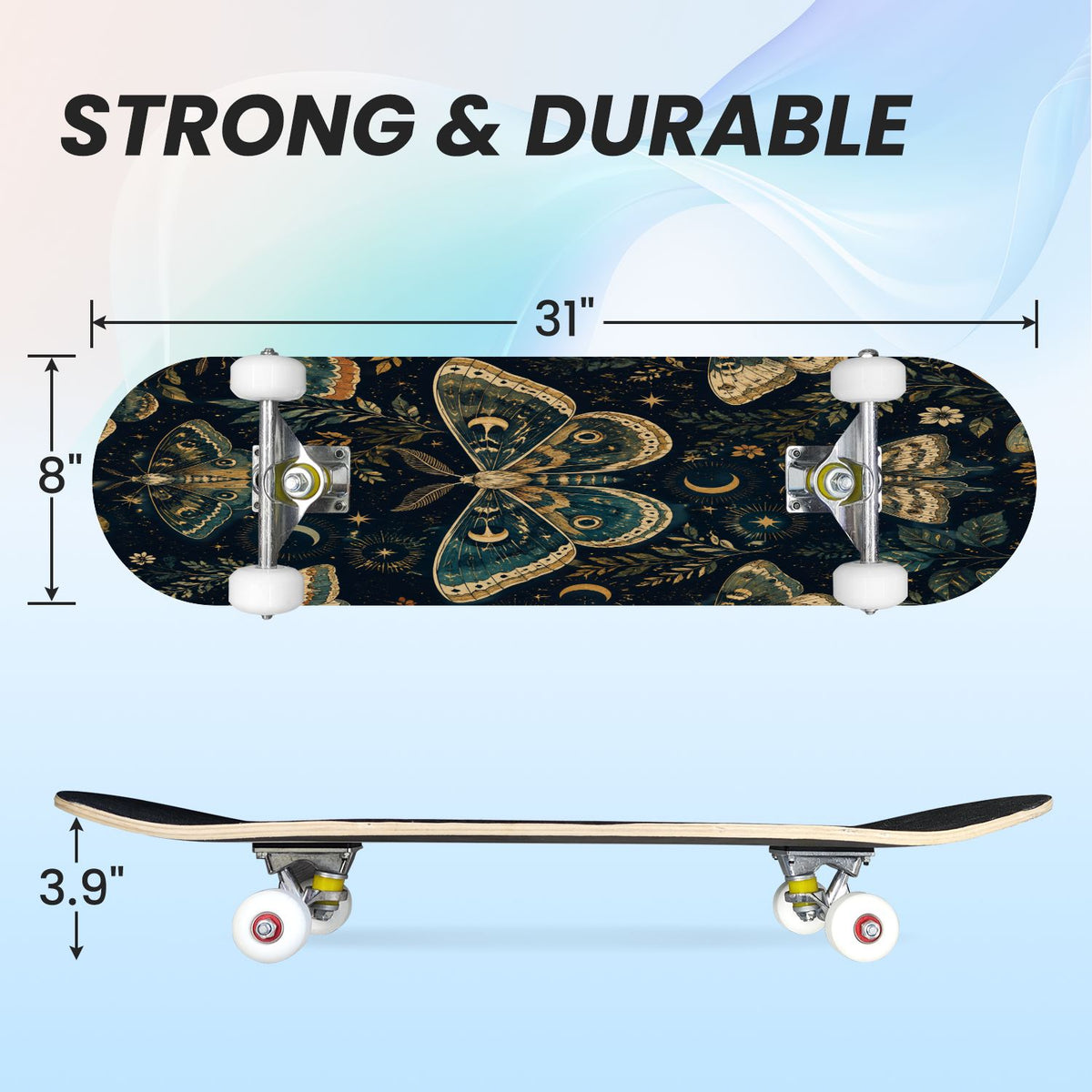 31"x8" Complete Skateboards for Beginners, Colorful Butterfly Blooming Flowers Under Full Moon Starry Double Kick 7 Ply Canadian Maple Deck Skateboard with Wheels, Gifts for Kids Teens