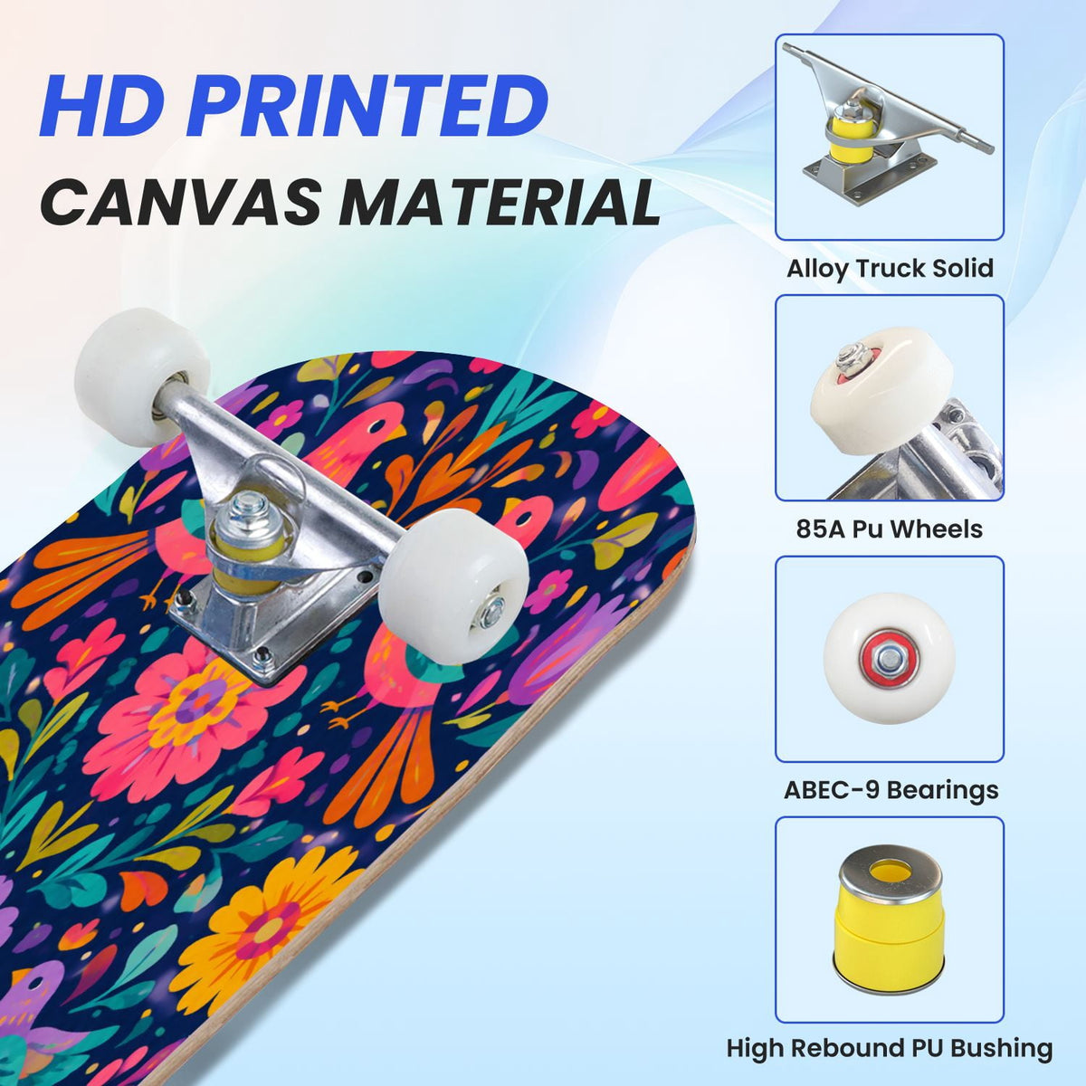 31"x8" Complete Skateboards for Beginners, Colorful Sugar Skull Vibrant Floral Day of the Dead Double Kick 7 Ply Canadian Maple Deck Skateboard with Wheels, Gifts for Kids Teens