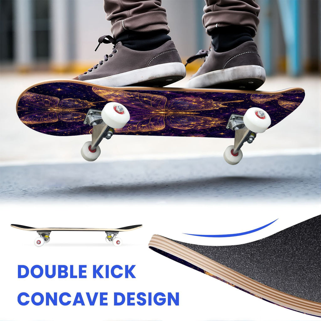 31"x8" Complete Skateboards for Beginners, Mystical Purple Butterfly Glowing Mushrooms Under Full Moon Double Kick 7 Ply Canadian Maple Deck Skateboard with Wheels, Gifts for Kids Teens
