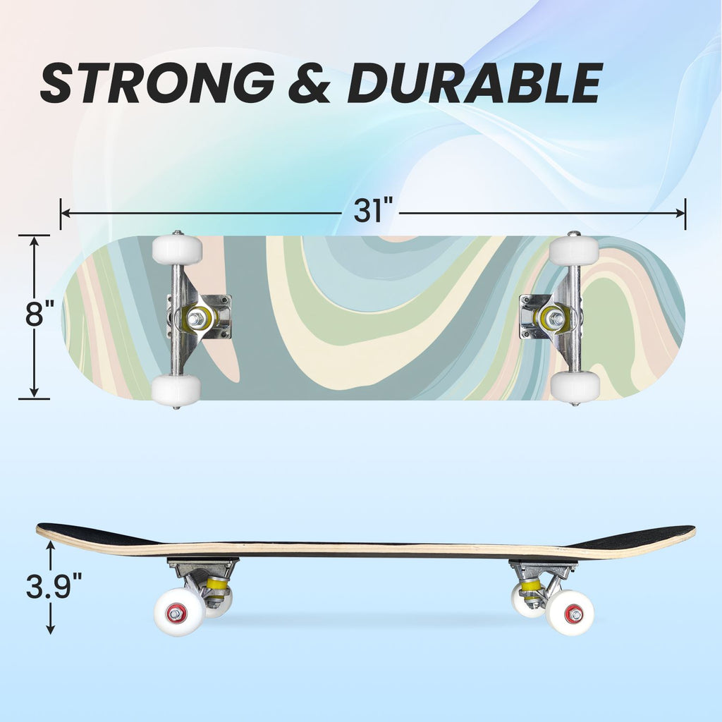 31"x8" Complete Skateboards for Beginners, Abstract Pastel Swirl Soft Earthy Tones Double Kick 7 Ply Canadian Maple Deck Skateboard with Wheels, Gifts for Kids Teens