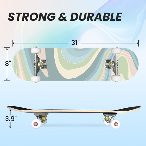 31"x8" Complete Skateboards for Beginners, Abstract Pastel Swirl Soft Earthy Tones Double Kick 7 Ply Canadian Maple Deck Skateboard with Wheels, Gifts for Kids Teens