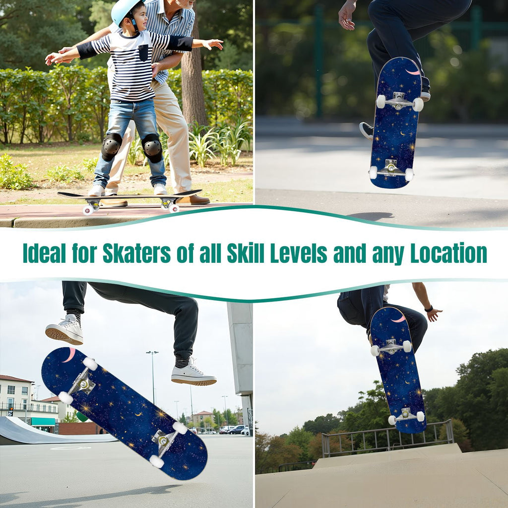 Vibrant Purple Blue Cosmic Galaxy Stars Nebula Clouds 31" x 8" Complete Skateboard, 7-Ply Canadian Maple Double Kick Trick Board for Kids and Beginners Adult Gifts