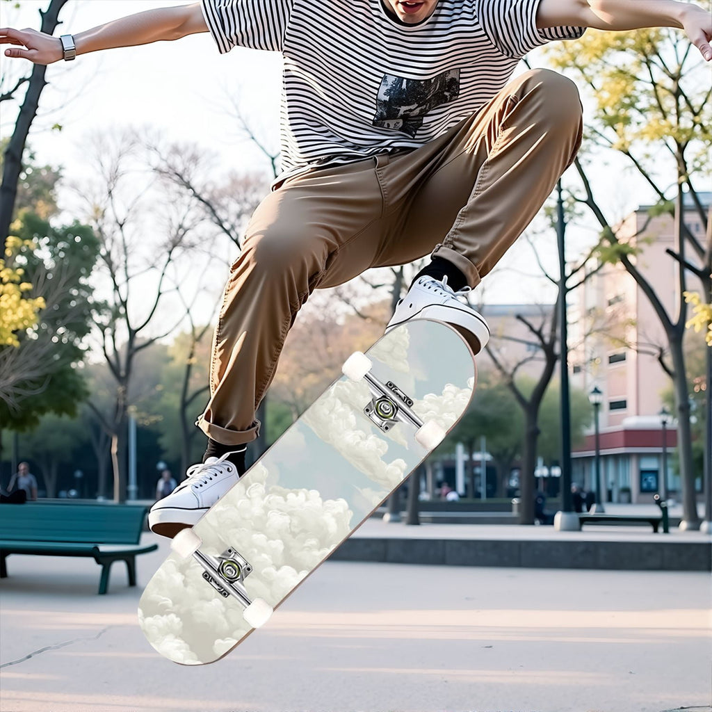 31"x8" Complete Skateboards for Beginners, Cute Light Blue Sky Cartoon Summer Decor Double Kick 7 Ply Canadian Maple Deck Skateboard with Wheels, Gifts for Kids Teens