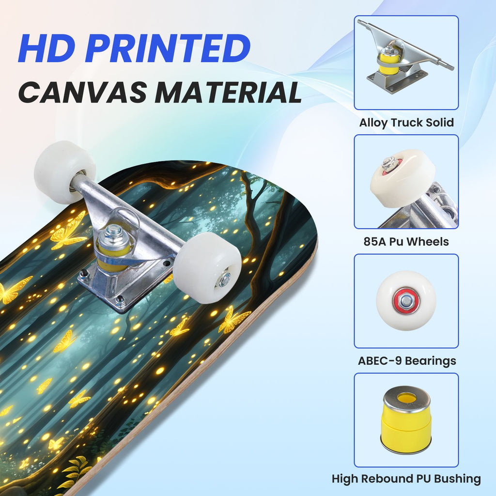 31"x8" Complete Skateboards for Beginners, Magical Forest Glowing Mushrooms Twinkling Fantasy Double Kick 7 Ply Canadian Maple Deck Skateboard with Wheels, Gifts for Kids Teens