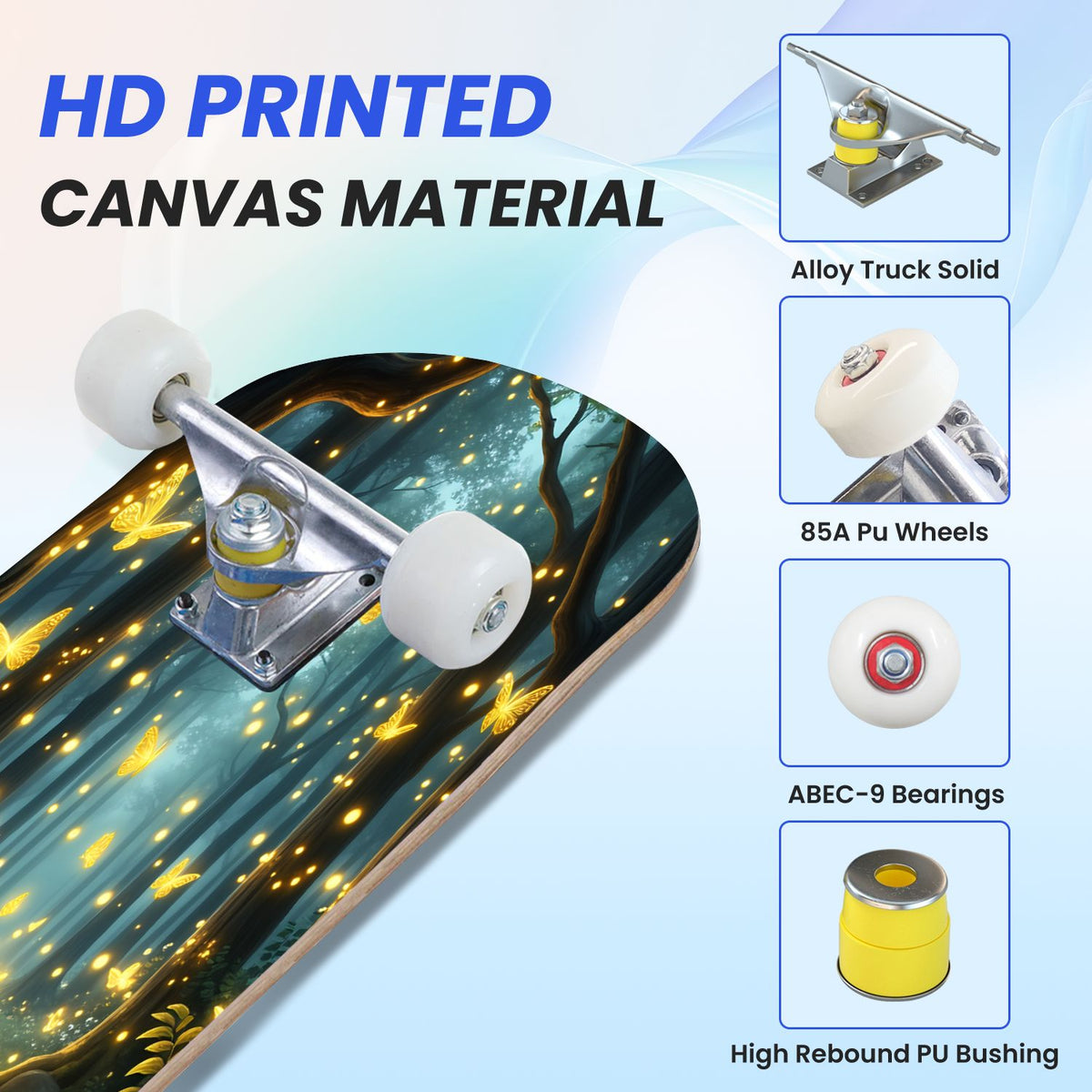 31"x8" Complete Skateboards for Beginners, Magical Forest Glowing Mushrooms Twinkling Fantasy Double Kick 7 Ply Canadian Maple Deck Skateboard with Wheels, Gifts for Kids Teens