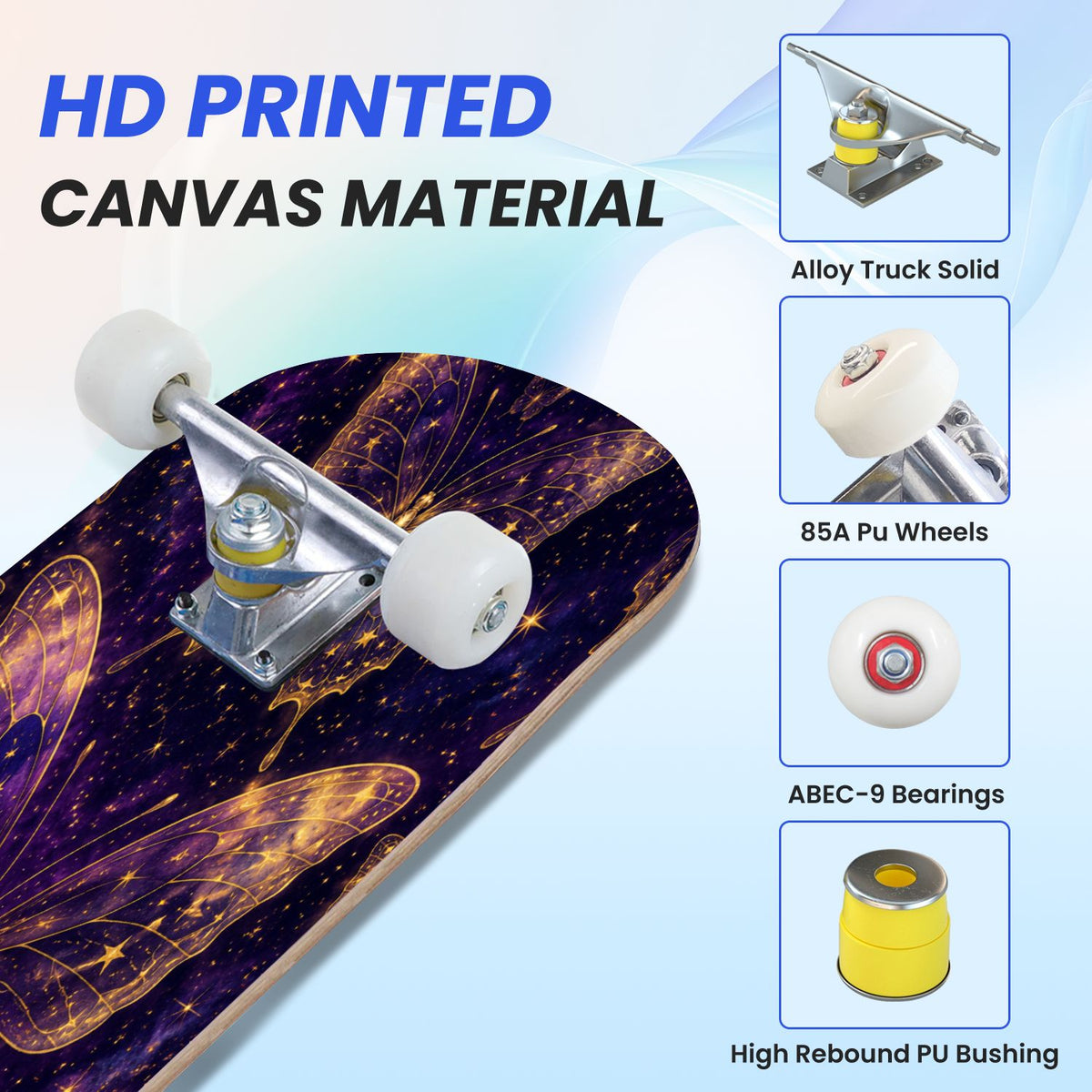 31"x8" Complete Skateboards for Beginners, Mystical Purple Butterfly Glowing Mushrooms Under Full Moon Double Kick 7 Ply Canadian Maple Deck Skateboard with Wheels, Gifts for Kids Teens