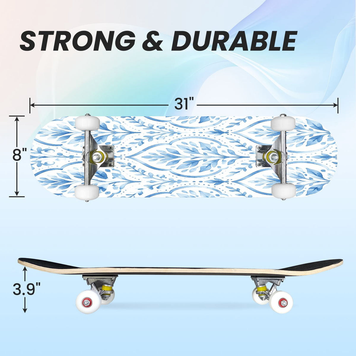 31"x8" Complete Skateboards for Beginners,Seamless Blue Watercolor Crabs Floral Accents Light Double Kick 7 Ply Canadian Maple Deck Skateboard with Wheels, Gifts for Kids Teens