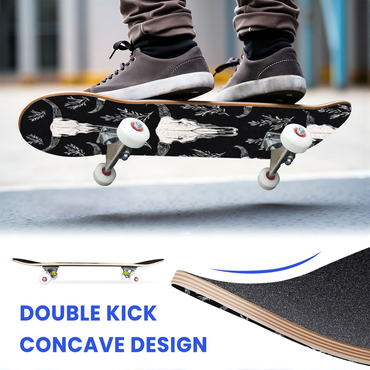 31"x8" Complete Skateboards for Beginners, Soft Blue Cream Striped Design Double Kick 7 Ply Canadian Maple Deck Skateboard with Wheels, Gifts for Kids Teens