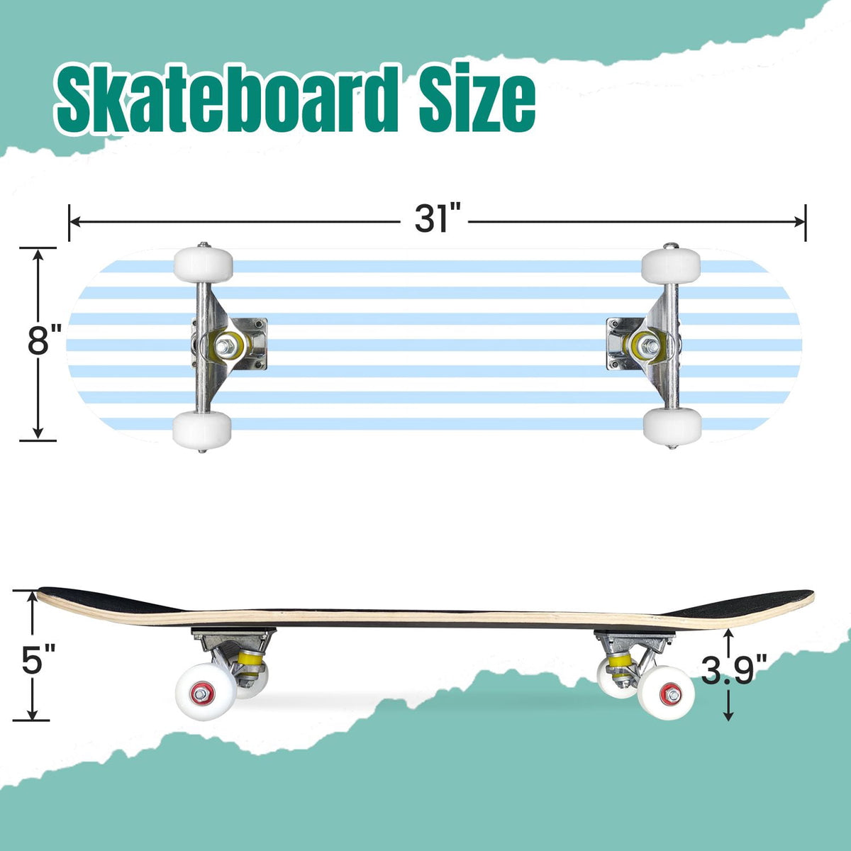Yellow White Vertical Striped Soft Gradient Lines Minimalist Design 31" x 8" Complete Skateboard, 7-Ply Canadian Maple Double Kick Trick Board for Kids and Beginners Adult Gifts