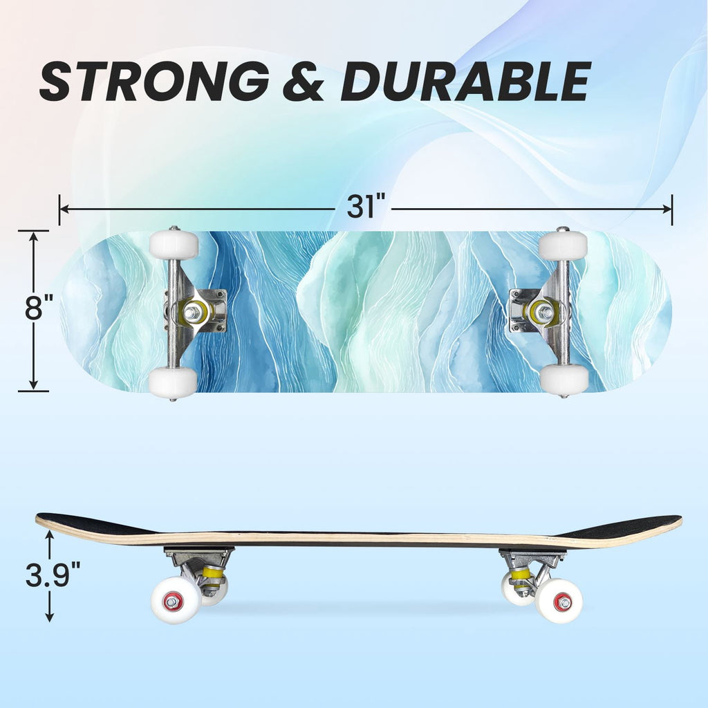 31"x8" Complete Skateboards for Beginners, Abstract Wavy Purple Beige Zebra Design Double Kick 7 Ply Canadian Maple Deck Skateboard with Wheels, Gifts for Kids Teens