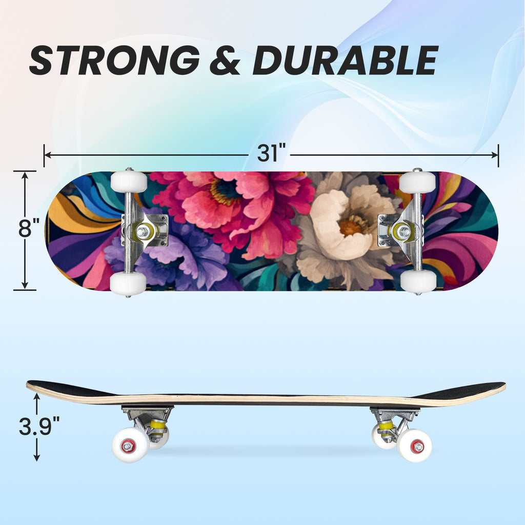 31"x8" Complete Skateboards for Beginners, Turquoise Flowers Teal Daisy Flower Butterfly Blue Romantic Double Kick 7 Ply Canadian Maple Deck Skateboard with Wheels, Gifts for Kids Teens