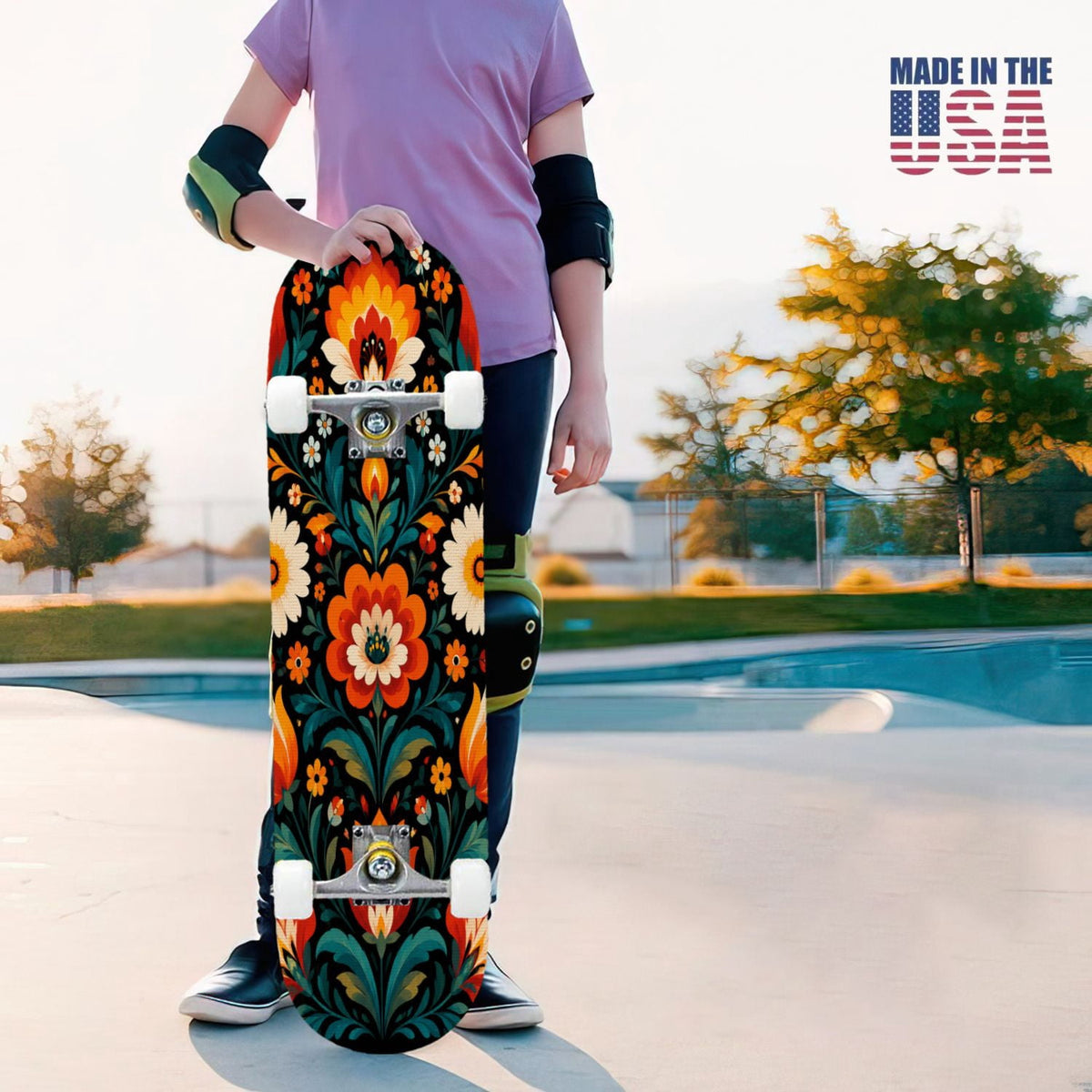 31"x8" Complete Skateboards for Beginners, Colorful Sugar Skull Vibrant Floral Day of the Dead Double Kick 7 Ply Canadian Maple Deck Skateboard with Wheels, Gifts for Kids Teens