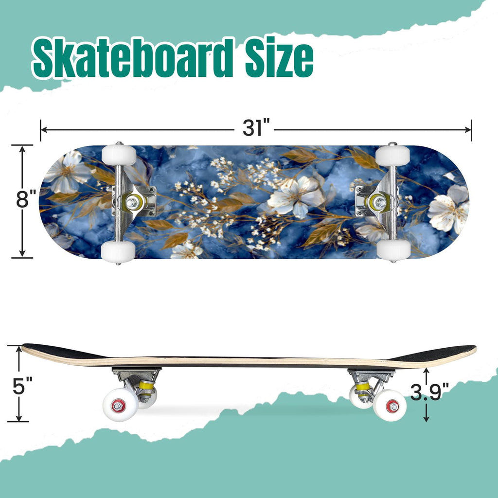 Golden Floral Line Art Seamless 31" x 8" Complete Skateboard, 7-Ply Canadian Maple Double Kick Trick Board for Kids and Beginners Adult Gifts