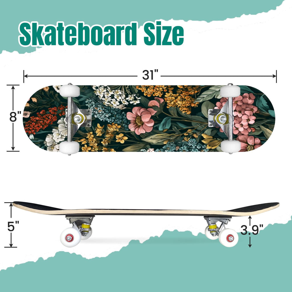 Botanical Embroidery Golden Green Leaves Black 31" x 8" Complete Skateboard, 7-Ply Canadian Maple Double Kick Trick Board for Kids and Beginners Adult Gifts
