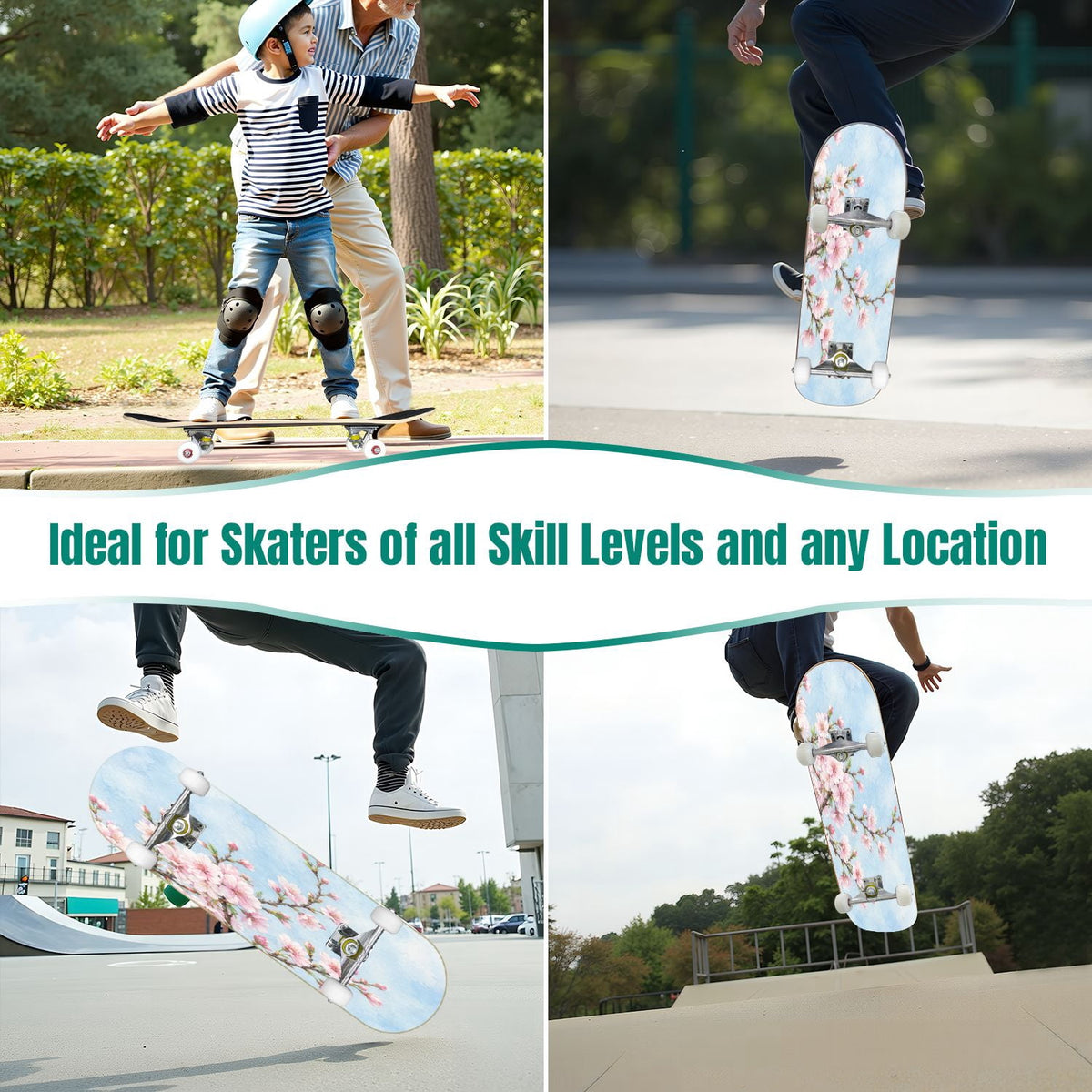 31"x8" Pink cherry blossoms Complete Skateboard for Beginners Tokyo branch flower 7 Layer Maple Deck Double Kick Kids Skateboard with 85A PU Wheels Gifts for Kids Teens