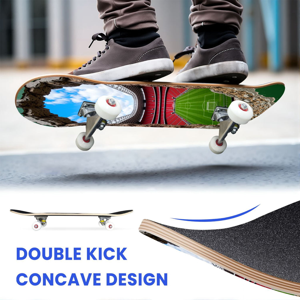 31"x8" Complete Skateboards for Beginners, Pink Bow Heart Vertical Stripes Romantic Double Kick 7 Ply Canadian Maple Deck Skateboard with Wheels, Gifts for Kids Teens