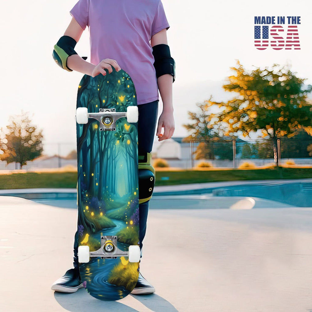 31"x8" Complete Skateboards for Beginners, Magical Forest Glowing Mushrooms Twinkling Fantasy Double Kick 7 Ply Canadian Maple Deck Skateboard with Wheels, Gifts for Kids Teens