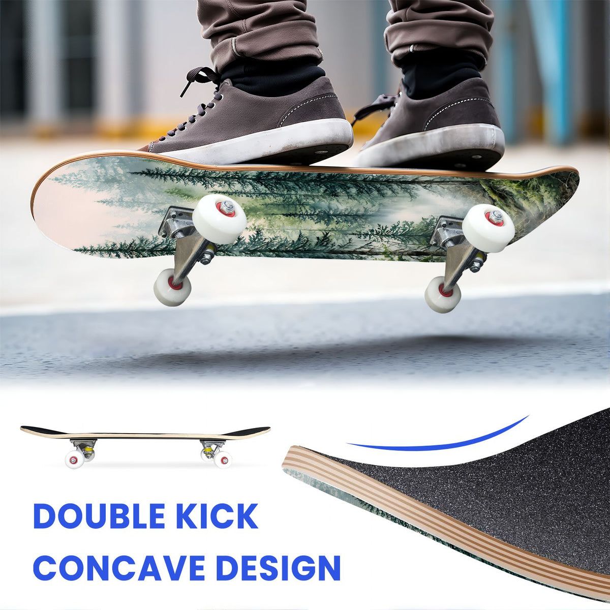 31"x8" Complete Skateboards for Beginners, Blue Deep Sea Sailing Ship Octopus Lighthouse Clouds Ocean Double Kick 7 Ply Canadian Maple Deck Skateboard with Wheels, Gifts for Kids Teens