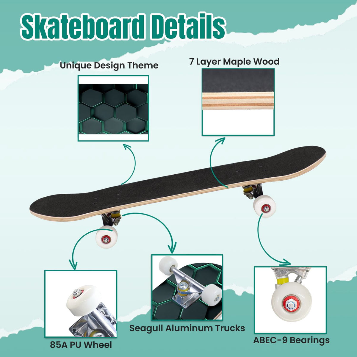 Futuristic Hexagonal Metallic Blue Glowing Orange Highlights 31" x 8" Complete Skateboard, 7-Ply Canadian Maple Double Kick Trick Board for Kids and Beginners Adult Gifts